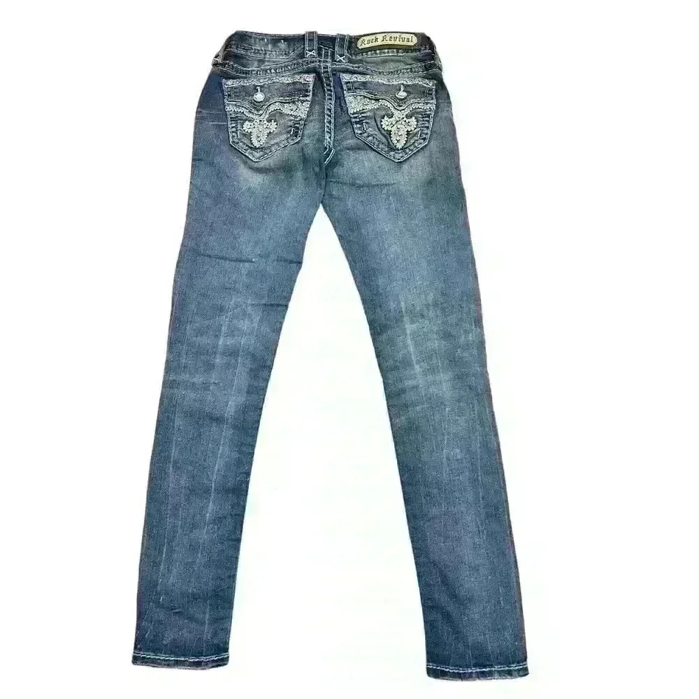 Rock Revival Yui Skinny Jeans Womens 26  Thrashed Whisker Silver Enamel Buttons